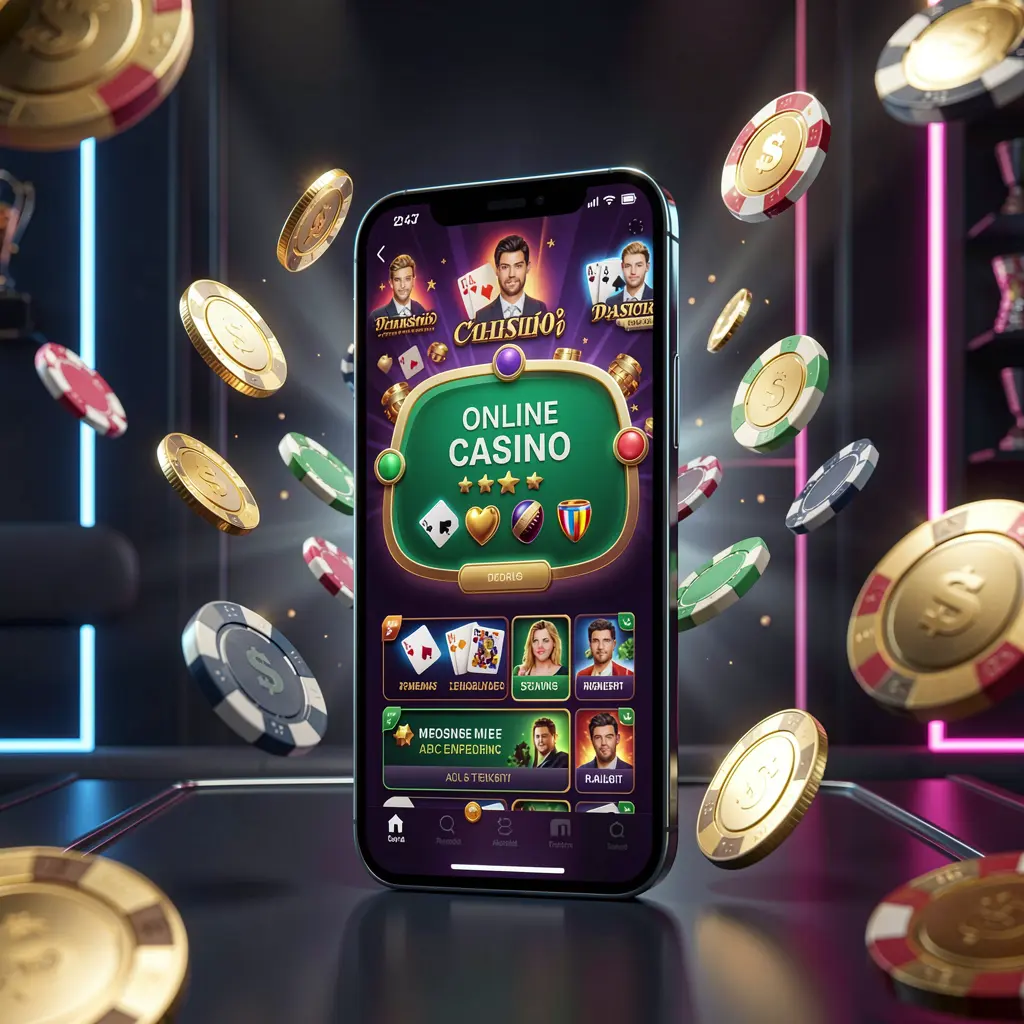 KP111 online casino mobile app hero banner featuring a modern smartphone with a glowing casino interface, golden coins and poker chips flying around against a dark luxury background with neon accents