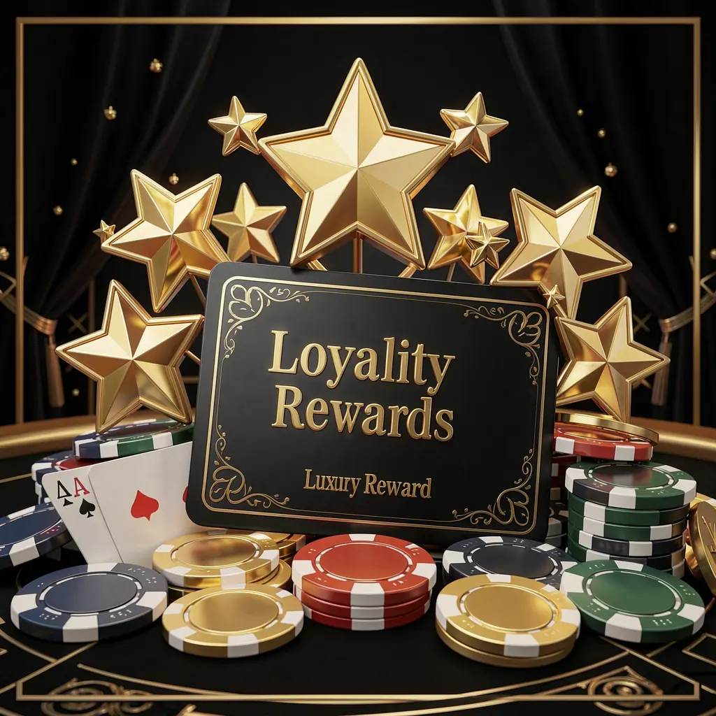 KP111 loyalty rewards casino image featuring golden stars, poker chips, coins, and a luxury reward card on an elegant black and gold background in a realistic 3D render