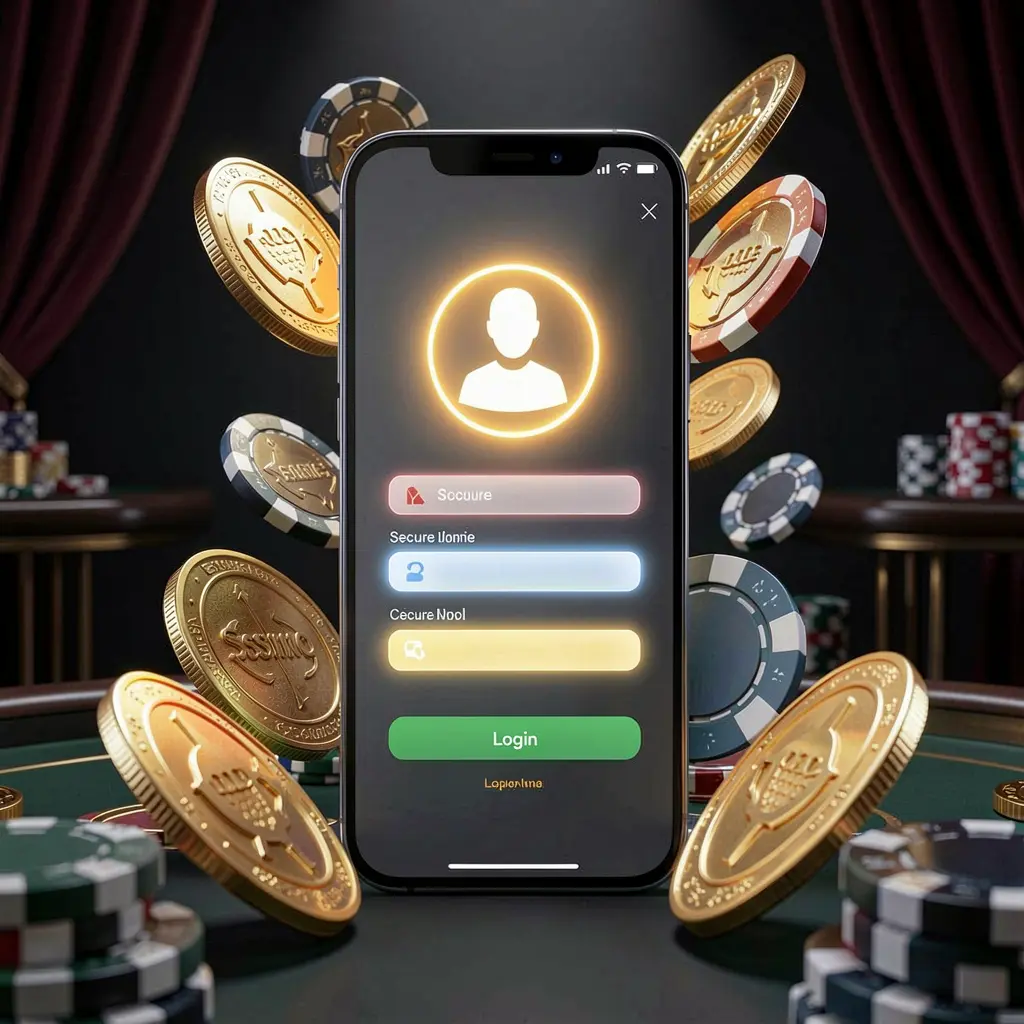 KP111 online casino login page hero banner featuring a modern smartphone with a secure login screen, glowing user profile icon, golden coins and poker chips around it on a dark luxury background