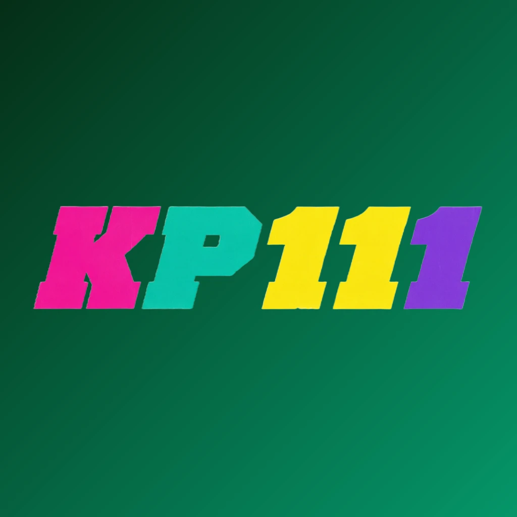 Bold arcade-style KP111 logo with chunky retro typography in bright pink, turquoise, yellow, and purple colors, set against a transparent background with a vibrant gaming atmosphere, designed as a wide horizontal rectangular wordmark for a website header