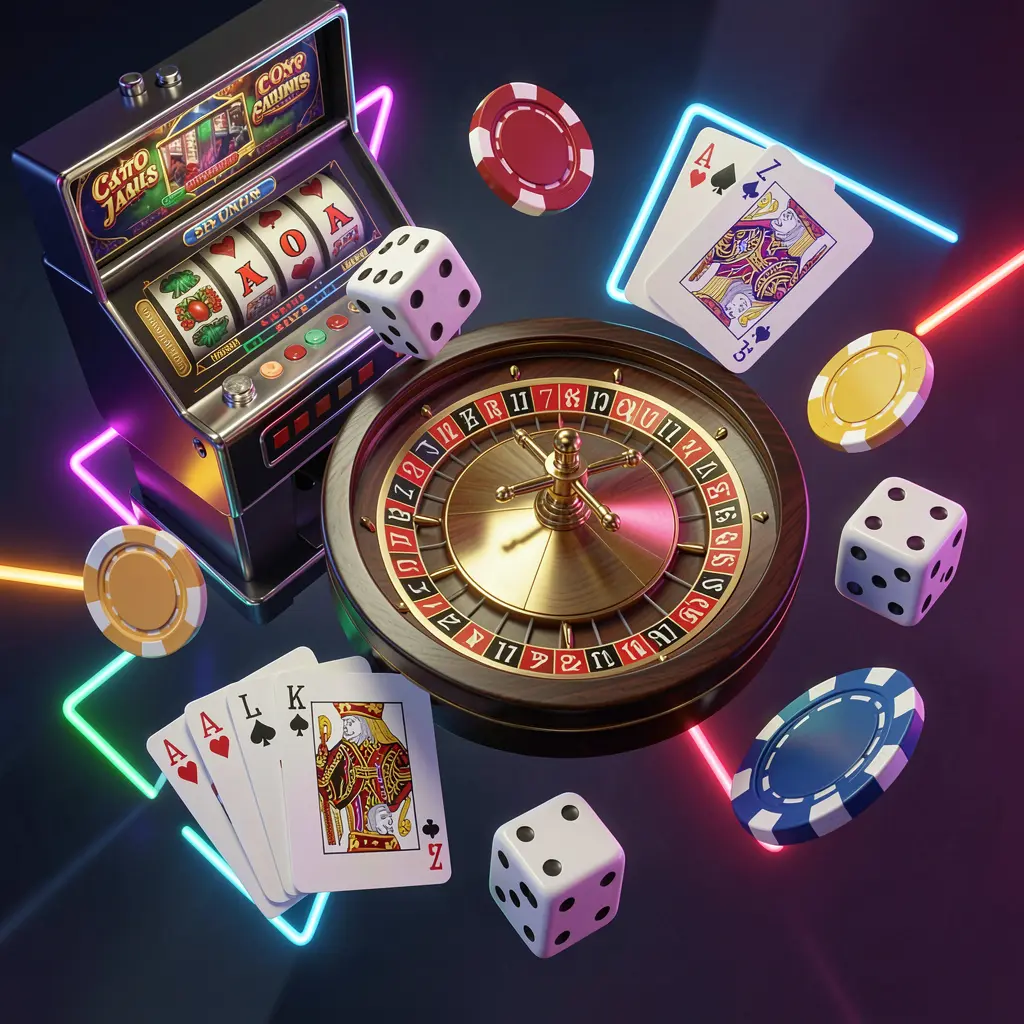 KP111 casino games collection homepage visual featuring a slot machine, roulette wheel, dice, playing cards, and poker chips floating together with colorful neon lights in a premium 3D render